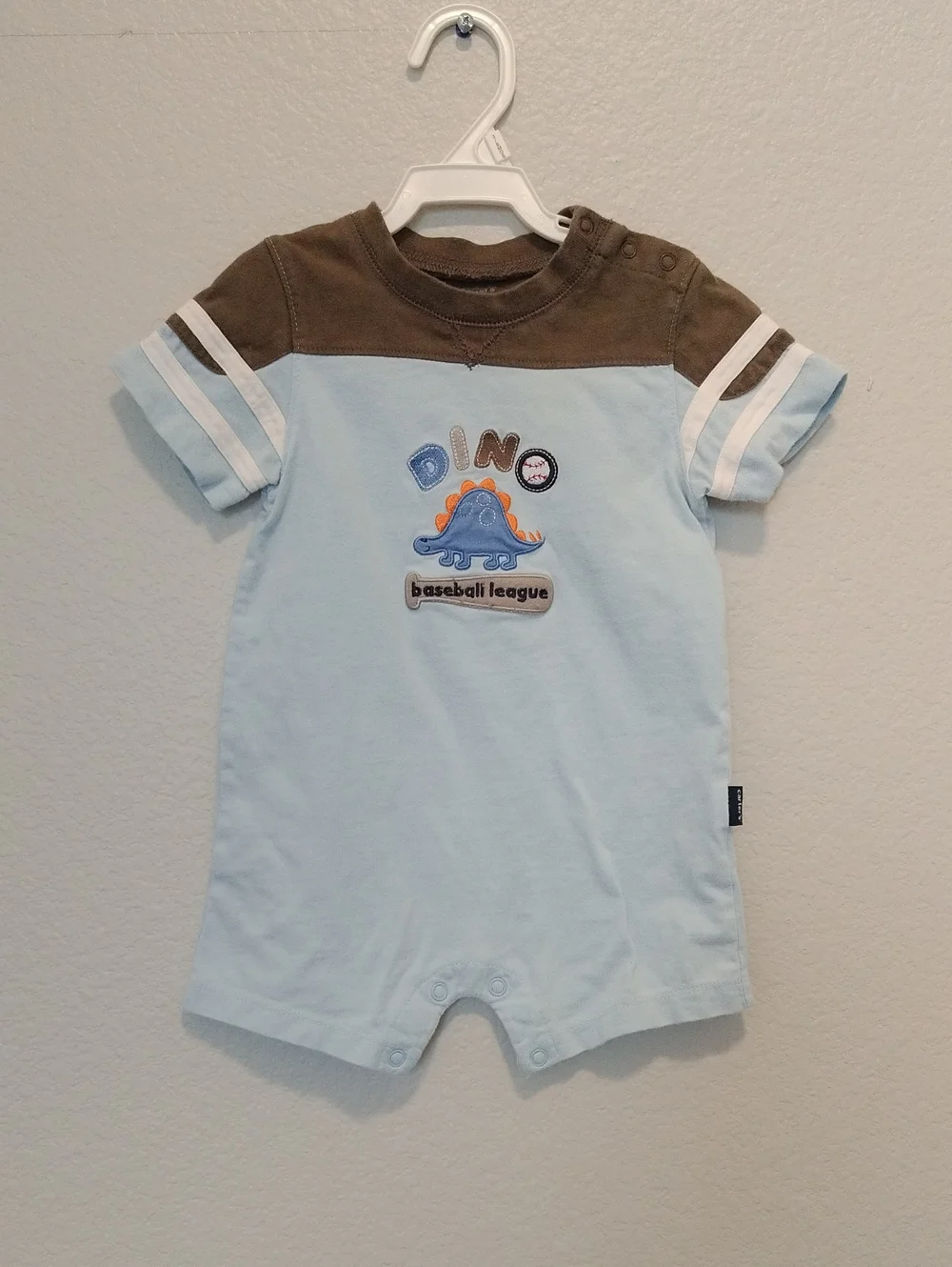 Light Blue and Brown Dino Baseball League One-Piece Romper 12 Months